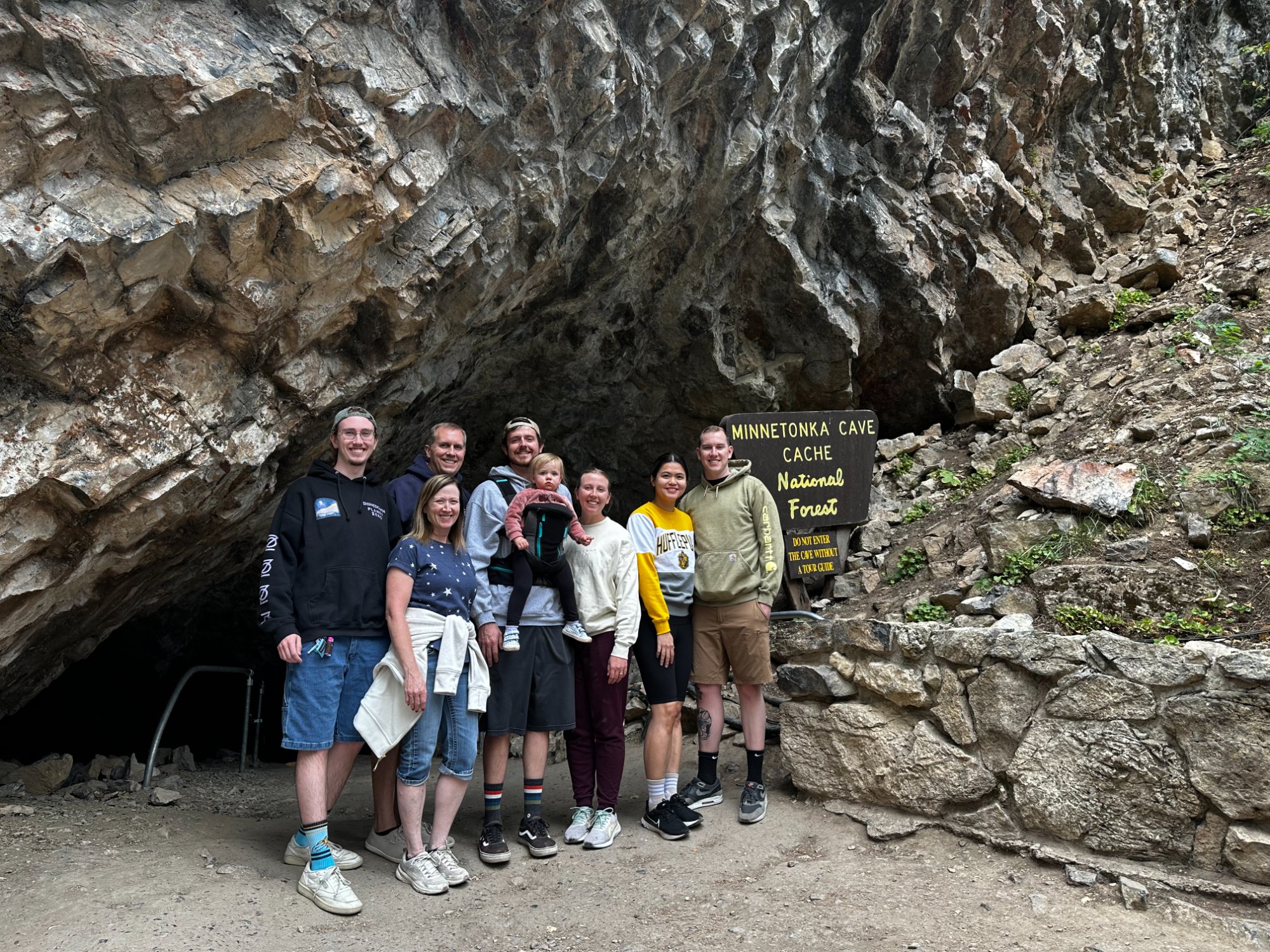 Minnetonka Cave with Ryan's family (L→R: Josh, Jen, Larry, Tyler, baby Josie, Emily)